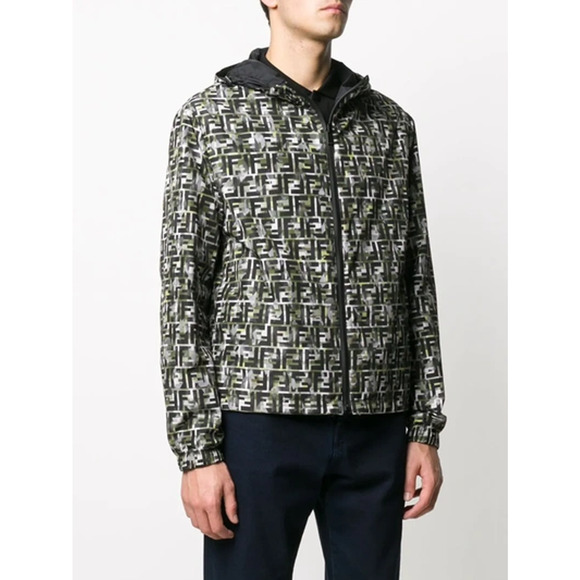 Fendi Green Black Camo Monogram FF Logo Anorak Reversible Windbreaker Jacket 48 - Picture 5 of 13
